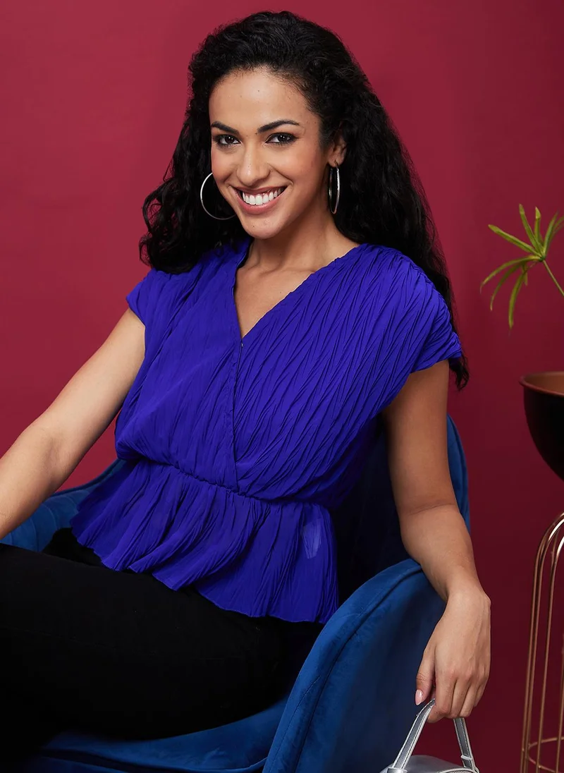 globus Globus Women Blue Kimono Sleeves Gathered Regular Top